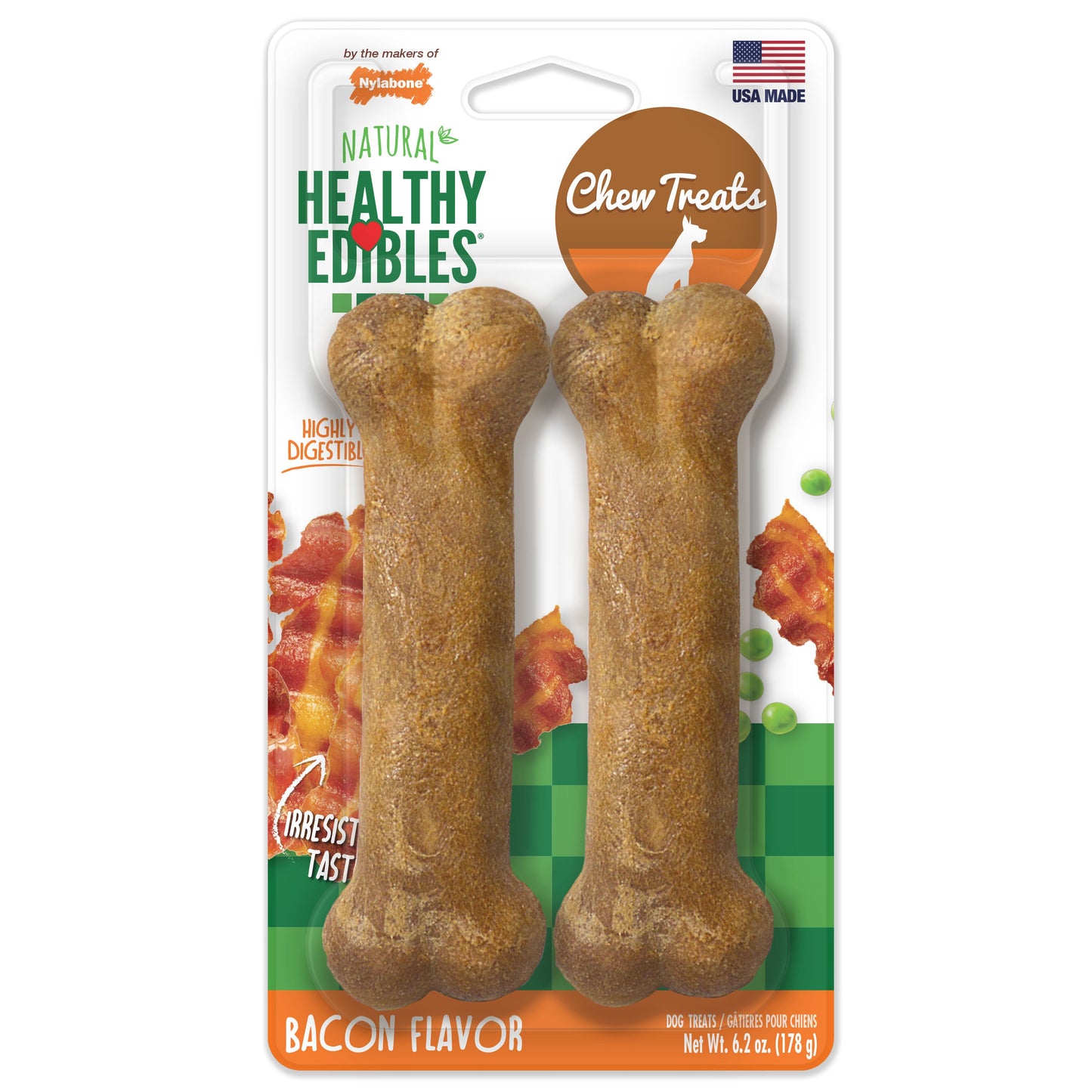 Nylabone Healthy Edibles AllNatural Long Lasting Bacon Chew Treats Bacon, Medium/Wolf  Up To 35 Lbs. 2 ct