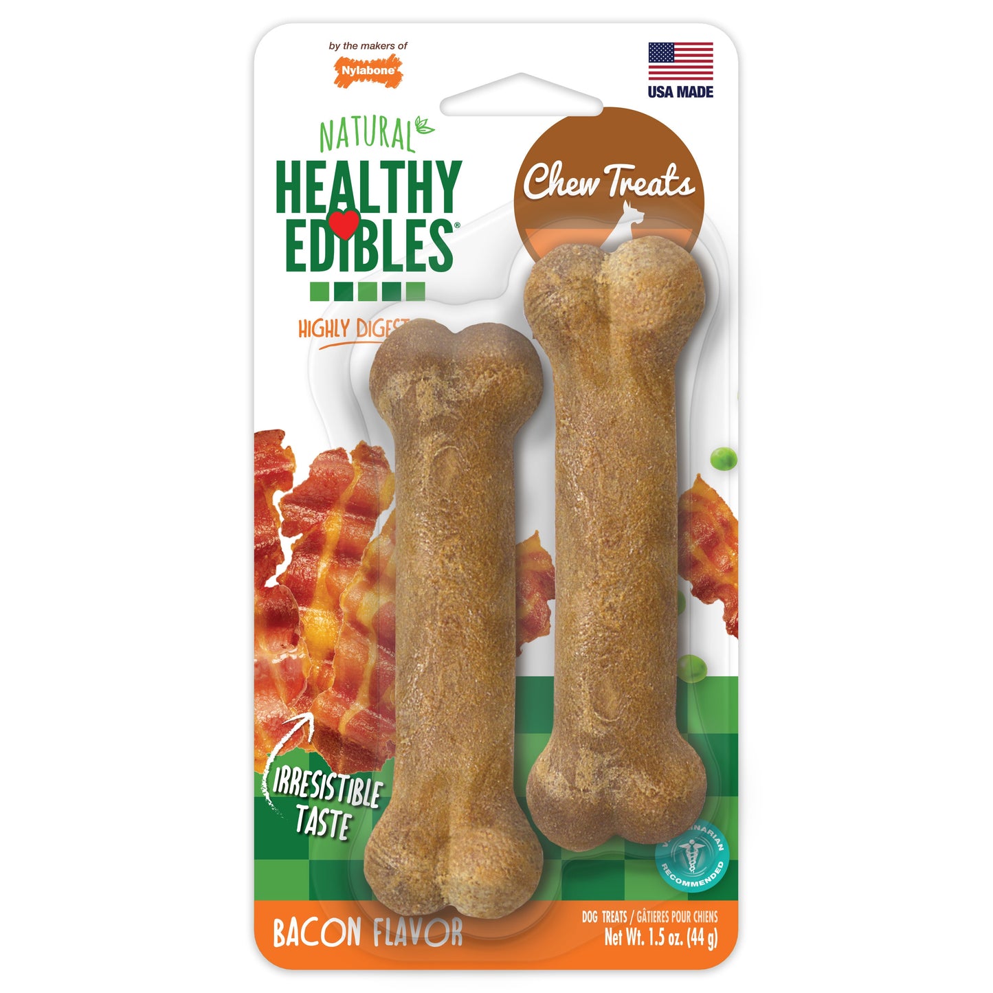 Nylabone Healthy Edibles AllNatural Long Lasting Bacon Chew Treats Bacon, XS/Petite  Up To 15 Lbs. 2 ct