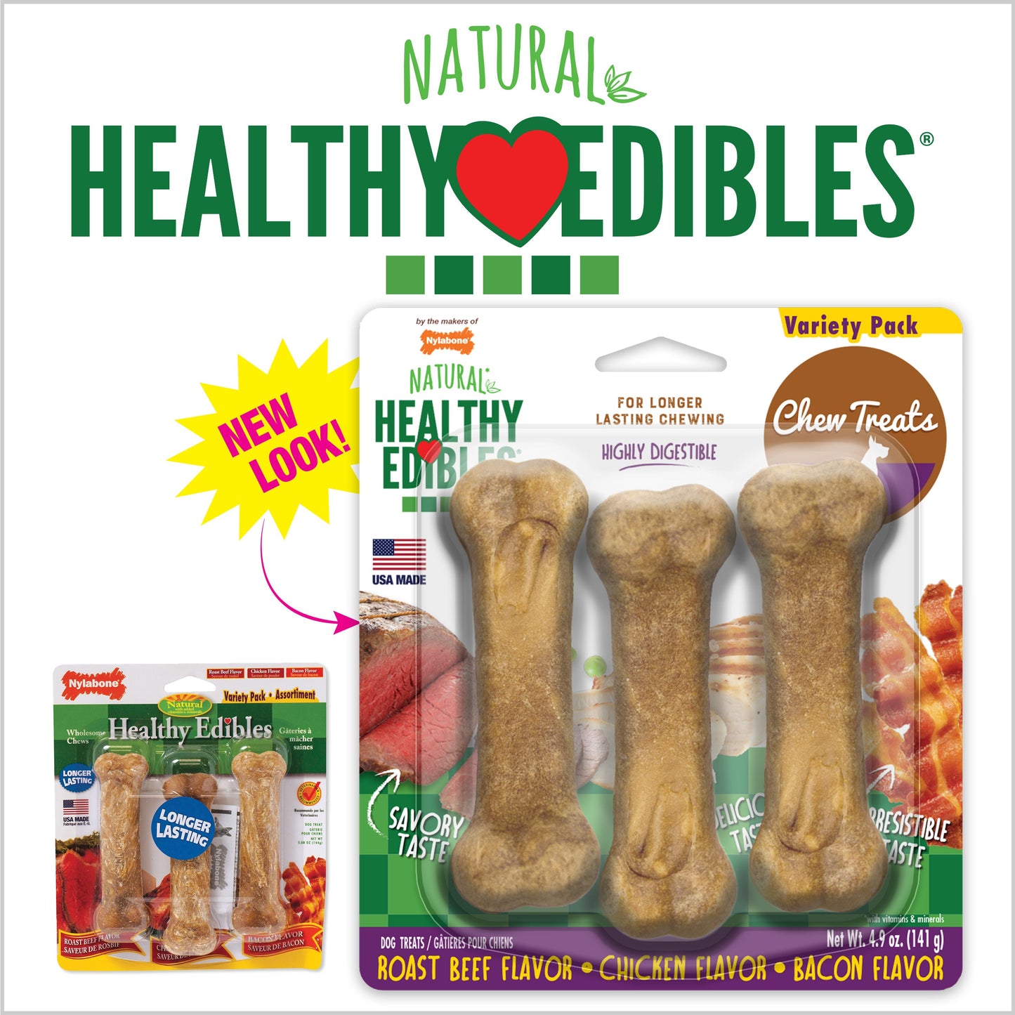 Nylabone Healthy Edibles AllNatural Long Lasting Chew Treats Variety Pack 3 count, SMall/Regular  Up To 25 lb