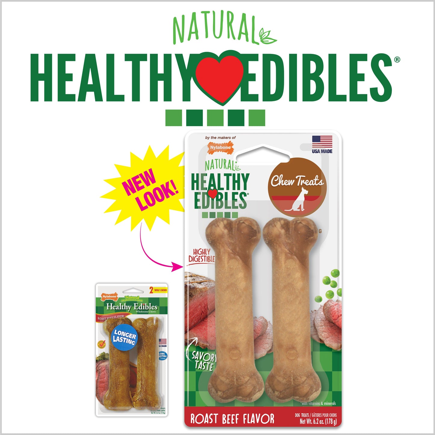 Nylabone Healthy Edibles AllNatural Long Lasting Roast Beef Dog Chew Treats 2 count, Wolf  Up To 35 lb