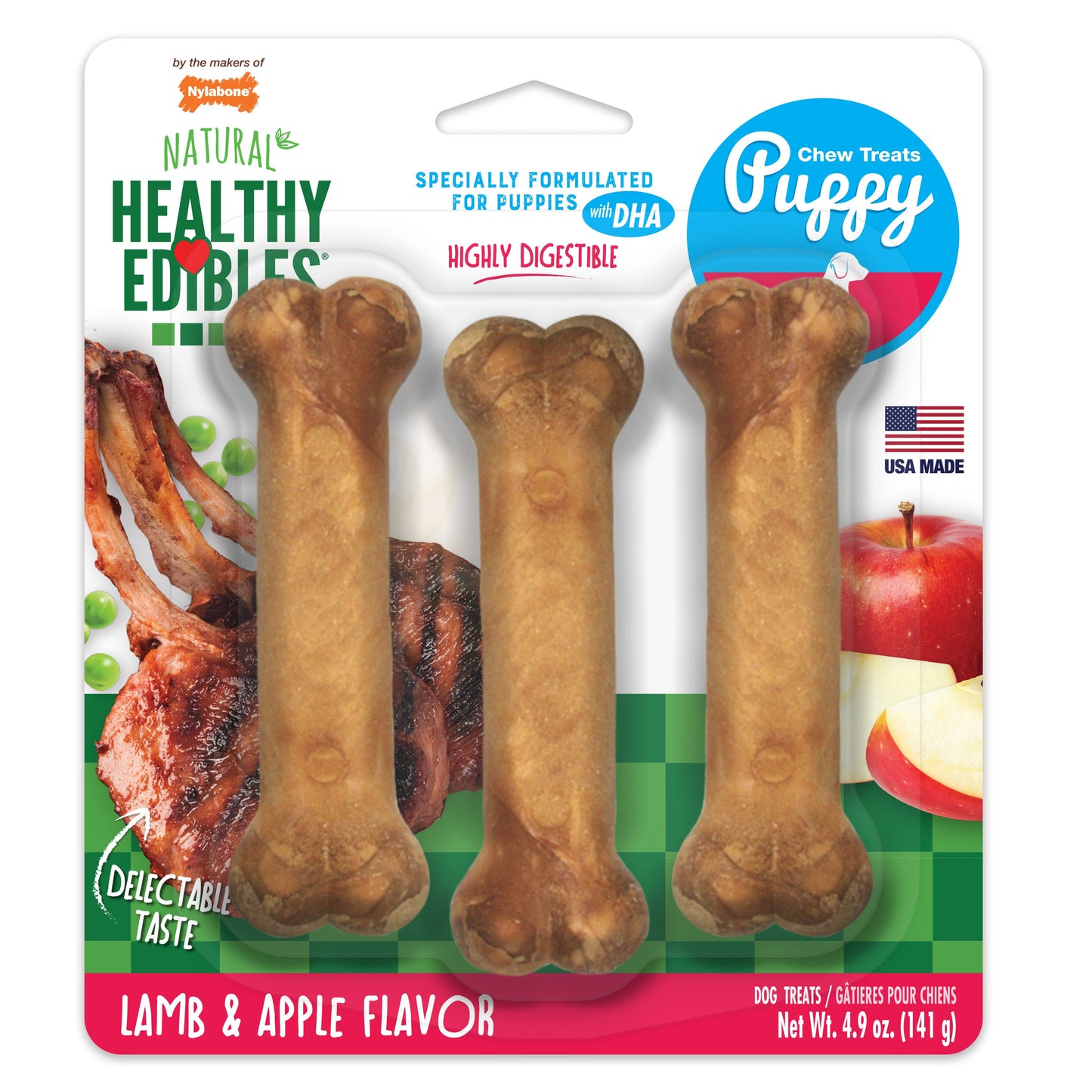 Nylabone Healthy Edibles Puppy AnimalShaped Lamb  Apple Dog Chew Treats Lamb  Apple, SMall/Regular  Up To 25 Ibs. 3 ct