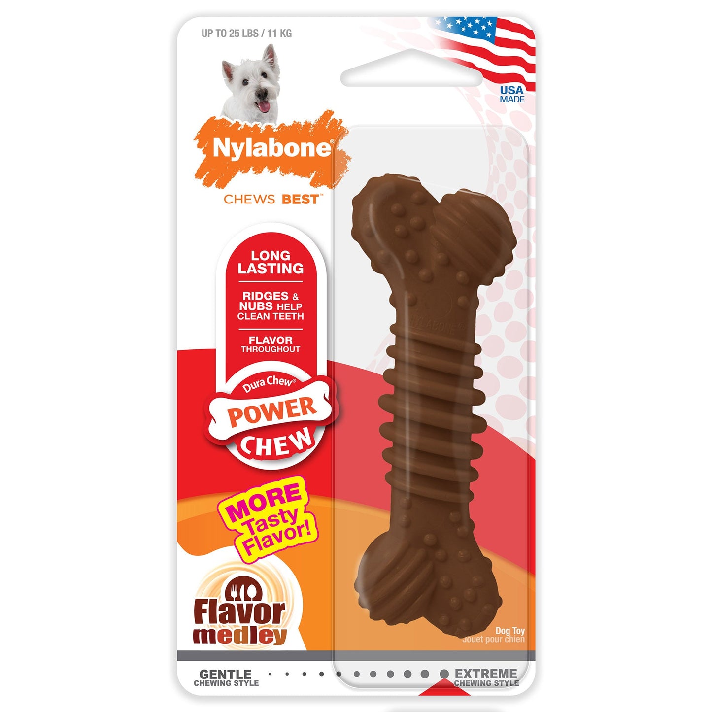 Nylabone Power Chew Textured Dog Bone Chew Toy Flavor Medley 1ea/SMall/Regular - Up To 25 Ibs.