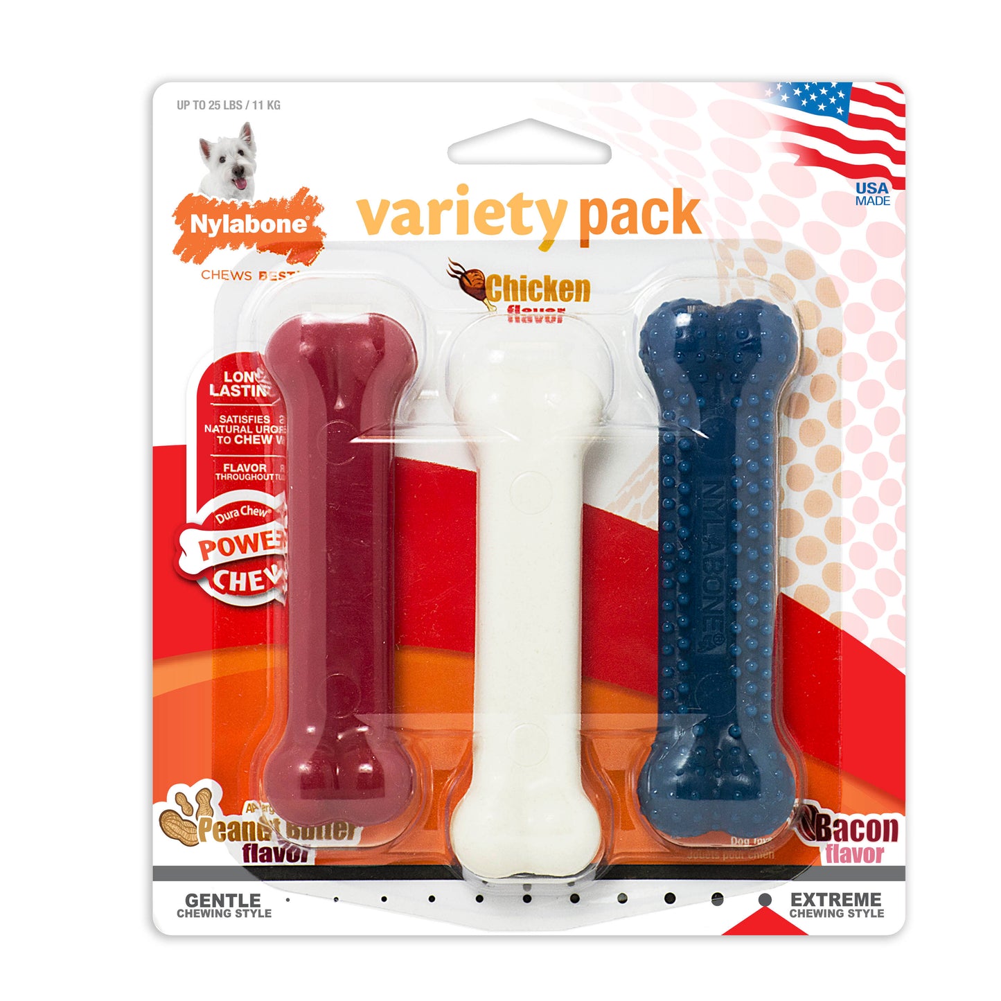 Nylabone Power Chew Variety Triple Pack Chicken, Bacon & Peanut Butter 1ea/SMall/Regular - Up To 25 Ibs.