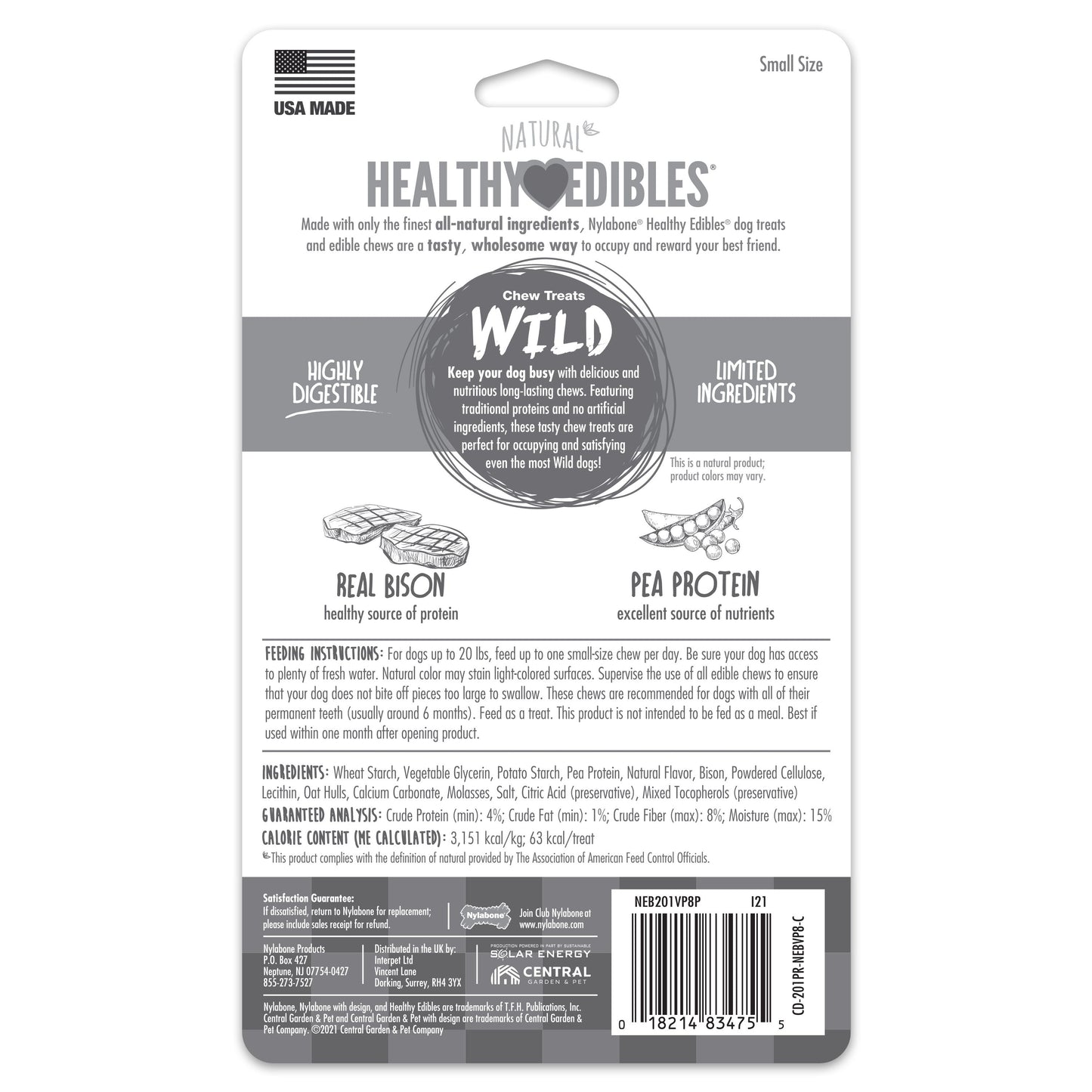 Nylabone Healthy Edibles WILD Natural Long Lasting Bison Dog Chew Treats Bison, SMall/Regular  Up To 25 Ibs. 8 ct