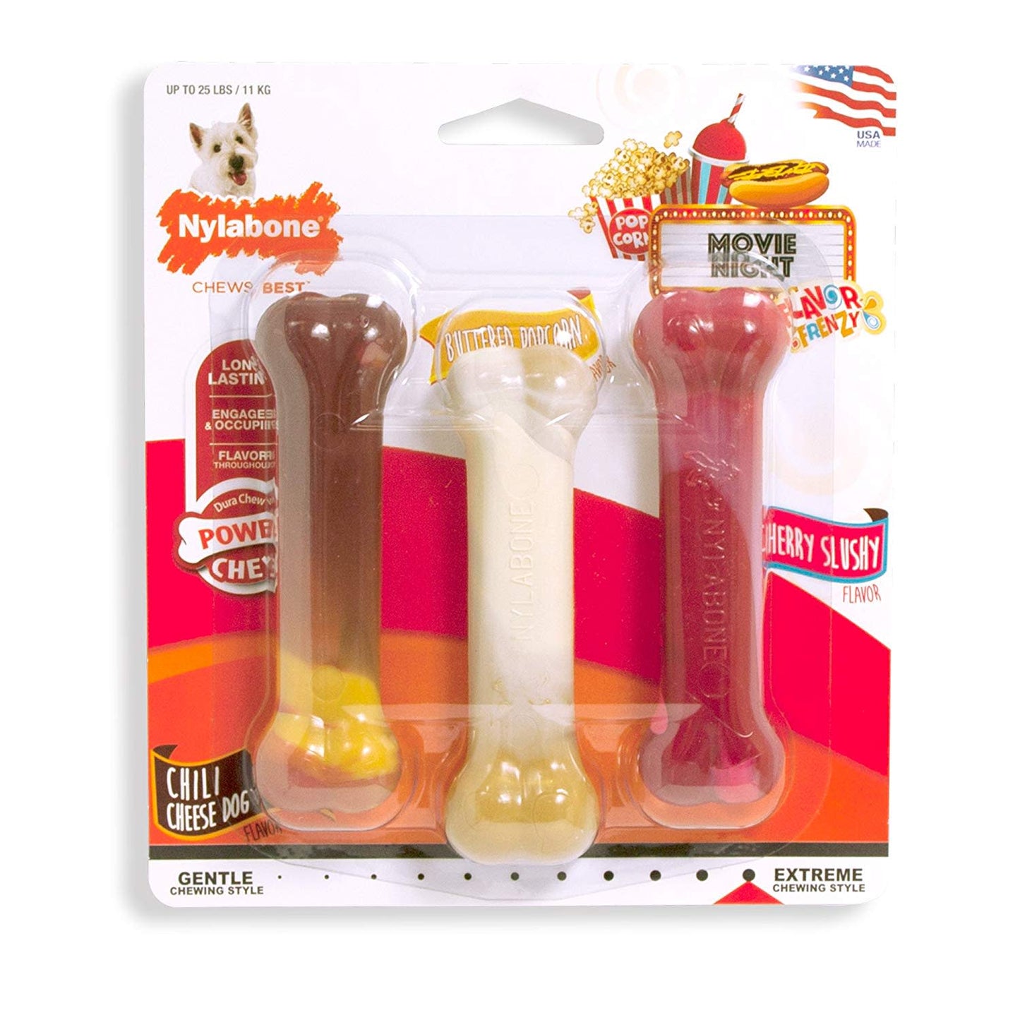 Nylabone Flavor Frenzy Power Chew Triple Pack Chili Cheese Dog, Popcorn & Cherry 1ea/SMall/Regular - Up To 25 Ibs.