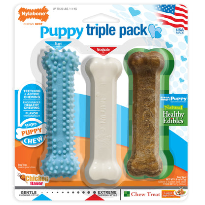 Nylabone Puppy Chew Variety Toy  Treat Triple Pack 3 count, SMall/Regular  Up To 25 Ibs.