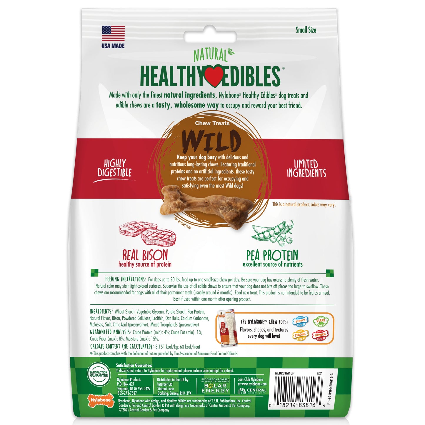 Nylabone Healthy Edibles WILD Natural Long Lasting Bison Dog Chew Treats Bison, SMall/Regular  Up To 25 Ibs. 16 ct