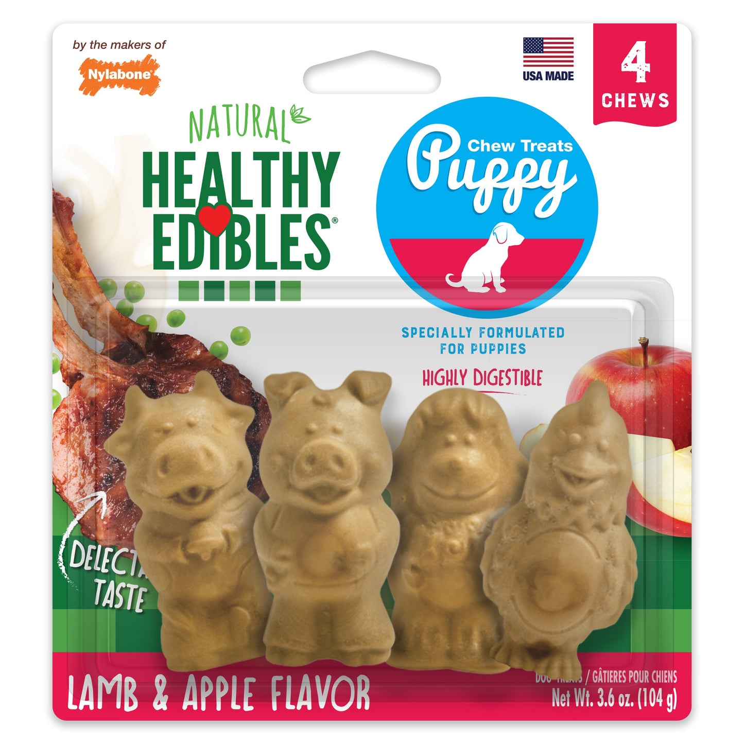 Nylabone Healthy Edibles Puppy AnimalShaped Lamb  Apple Dog Chew Treats Lamb  Apple, SMall/Regular  Up To 25 Ibs. 4 ct