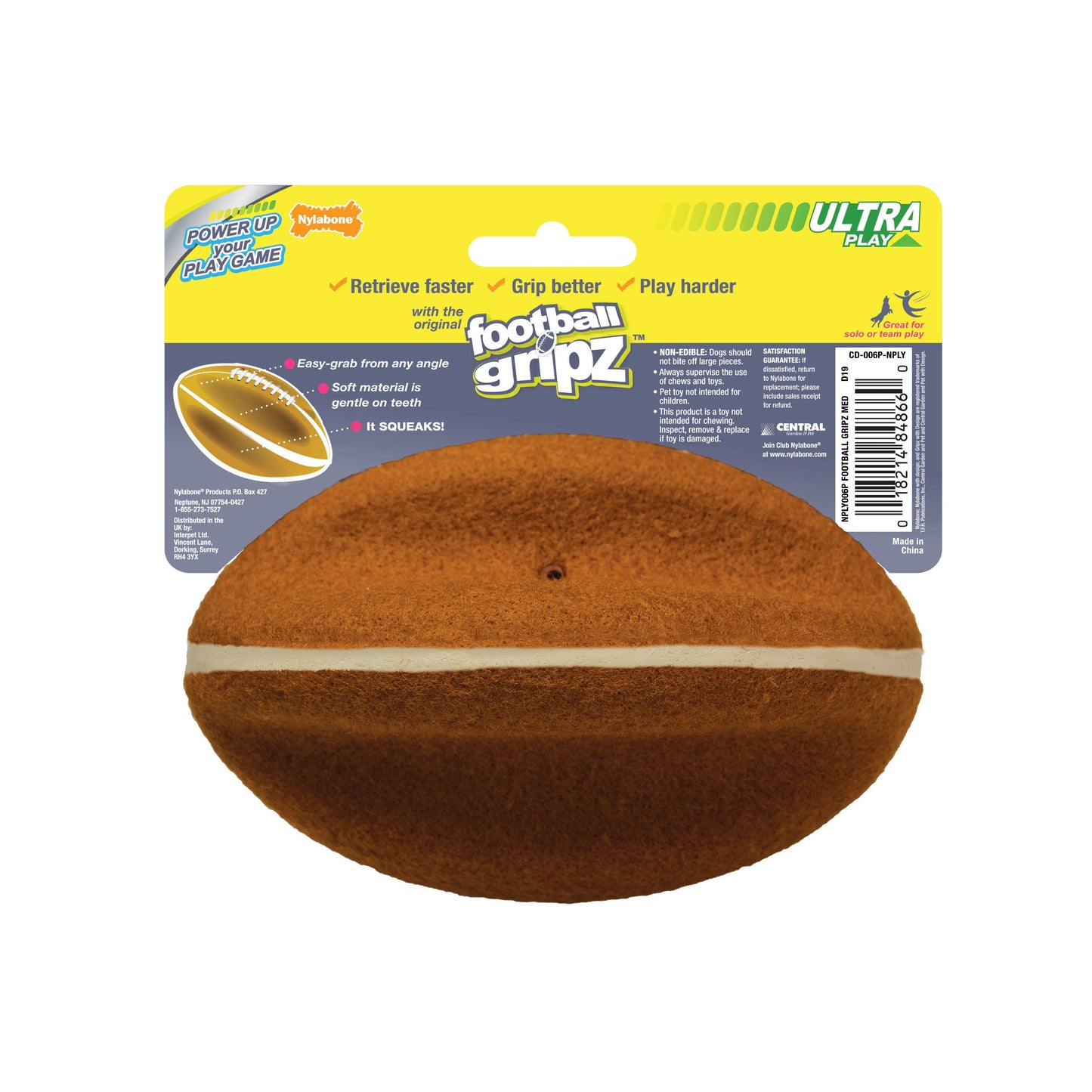 Nylabone Power Play Dog Football Gripz 1ea/Medium/Wolf - Up To 35 lb