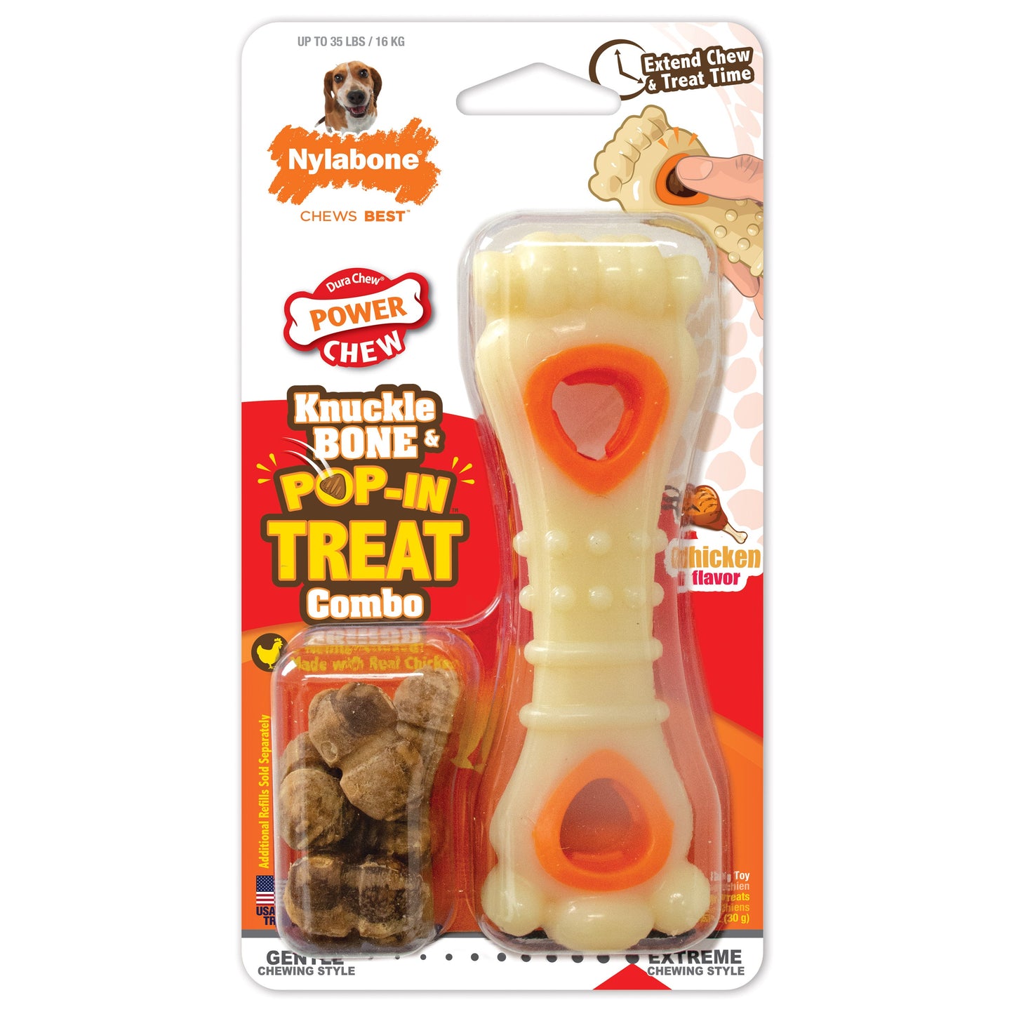 Nylabone Power Chew Knuckle Bone & Pop-In Treat Toy Combo Chicken Pop-In 1ea/Medium/Wolf - Up To 35 lb