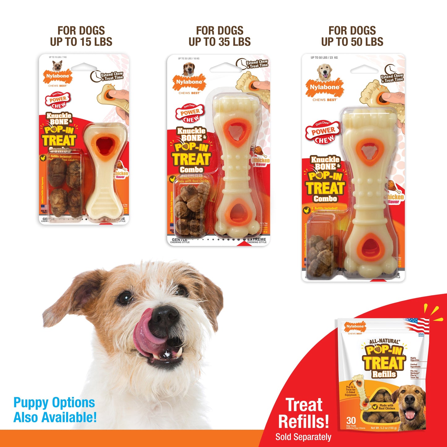 Nylabone Power Chew Knuckle Bone & Pop-In Treat Toy Combo Chicken Pop-In 1ea/Medium/Wolf - Up To 35 lb