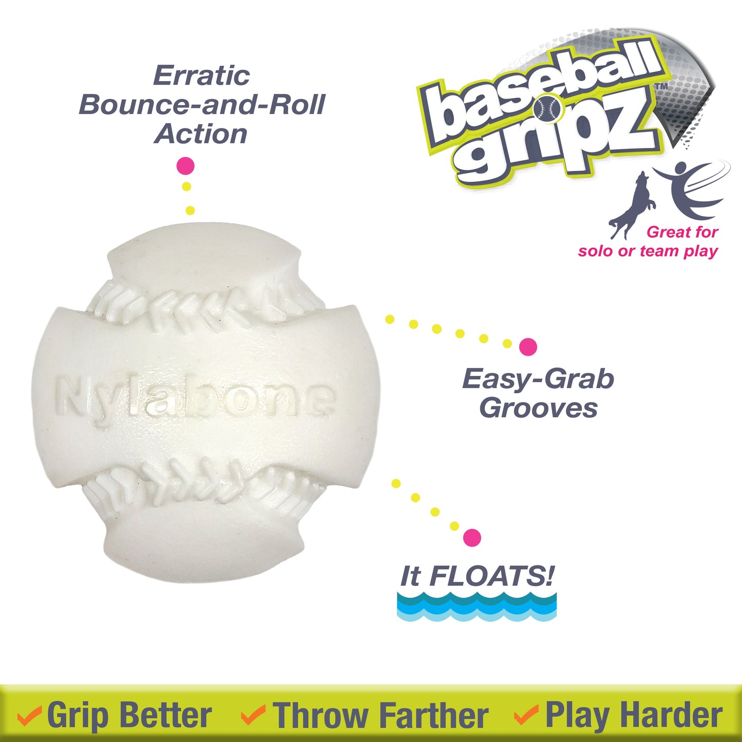 Nylabone Power Play Dog Baseball Gripz 1ea/Medium/Wolf - Up To 35 lb