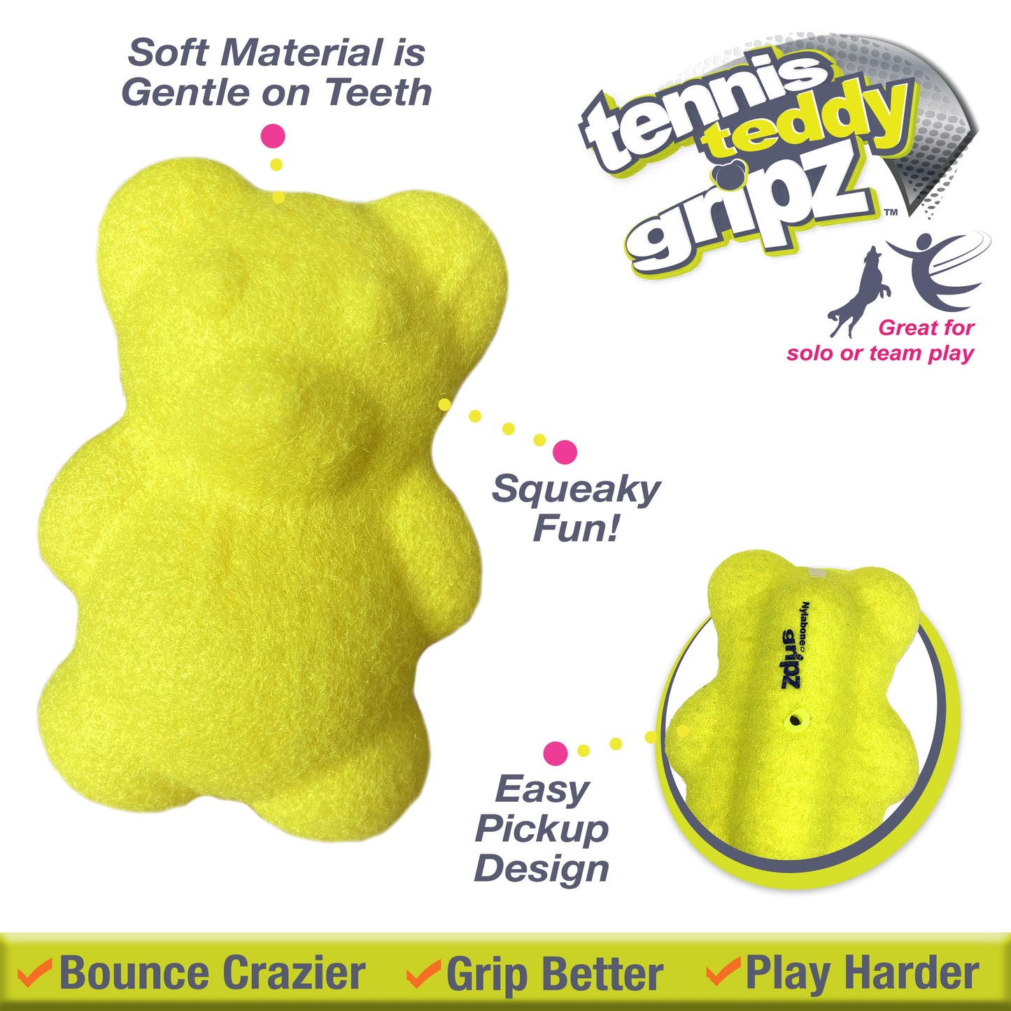 Nylabone Power Play Tennis Teddy Gripz Bear Dog Toy 1ea/Medium/Wolf - Up To 35 lb