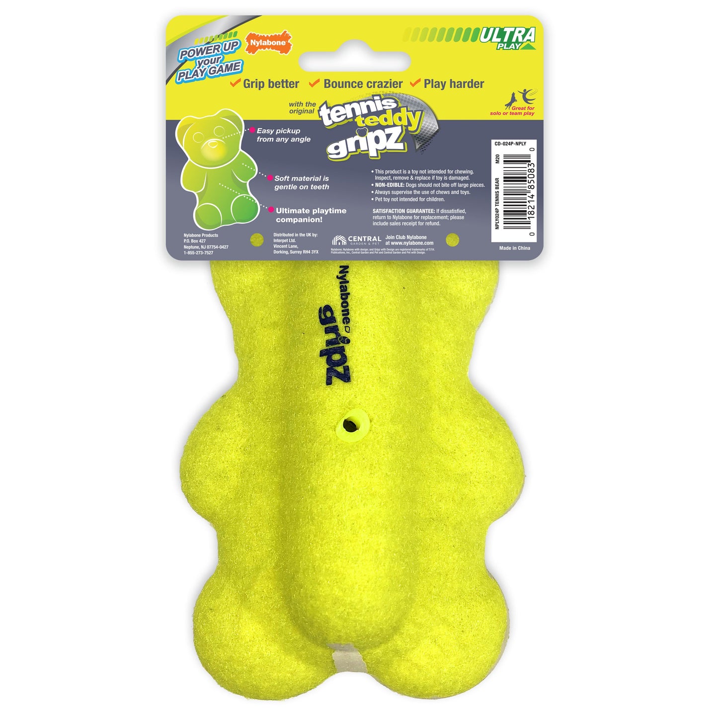 Nylabone Power Play Tennis Teddy Gripz Bear Dog Toy 1ea/Medium/Wolf - Up To 35 lb