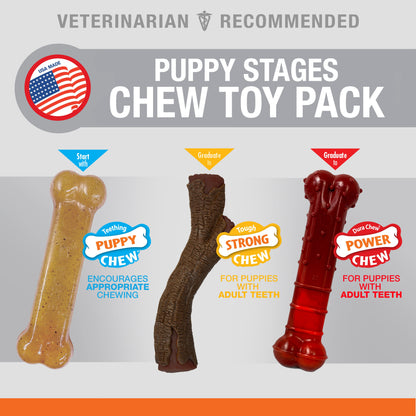 Nylabone Puppy Chew Stages Triple Pack Chewy Toys Puppy Stages Triple Pack Chicken, Bacon, & Beef Jerky 1ea/Medium/Wolf - Up To 35 lb