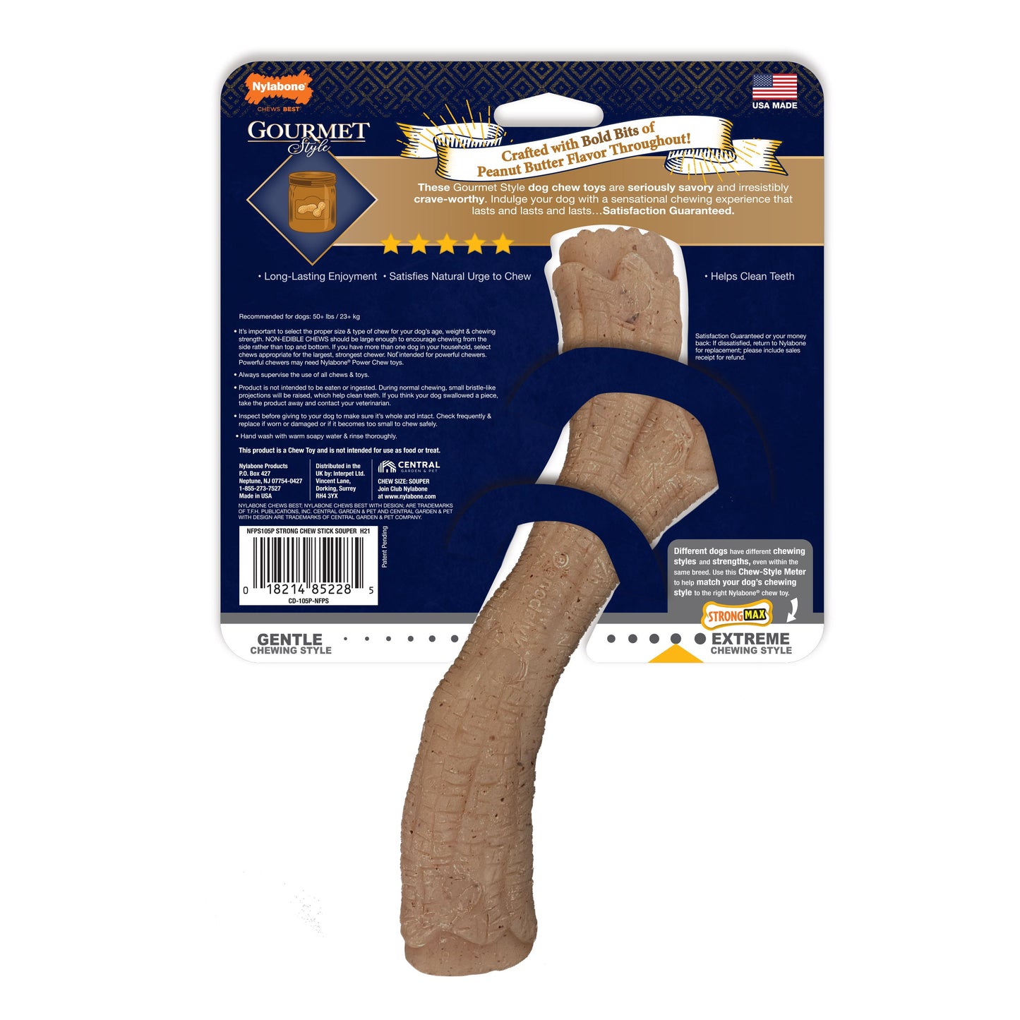 Nylabone Gourmet Style Strong Stick Dog Chew Toy Peanut Butter 1ea/XL/Souper - 50+ lb