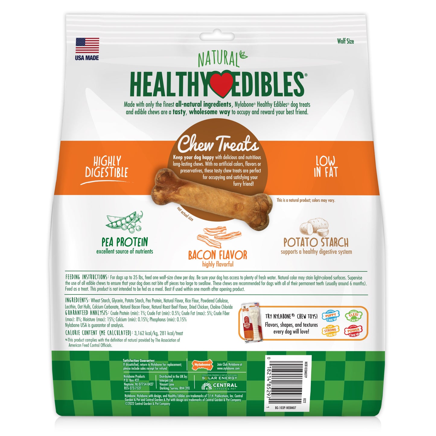 Nylabone Healthy Edibles AllNatural Long Lasting Bacon Chew Treats Bacon, Medium/Wolf  Up To 35 Lbs. 7 ct