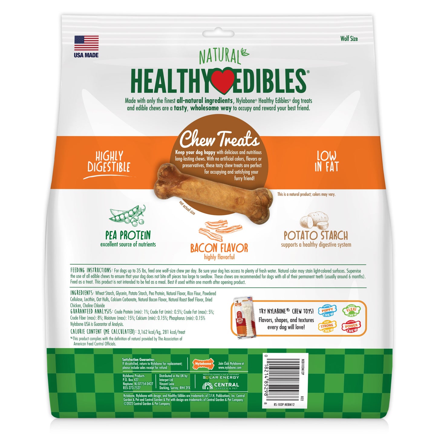 Nylabone Healthy Edibles AllNatural Long Lasting Bacon Chew Treats Bacon, Medium/Wolf  Up To 35 Lbs. 12 ct