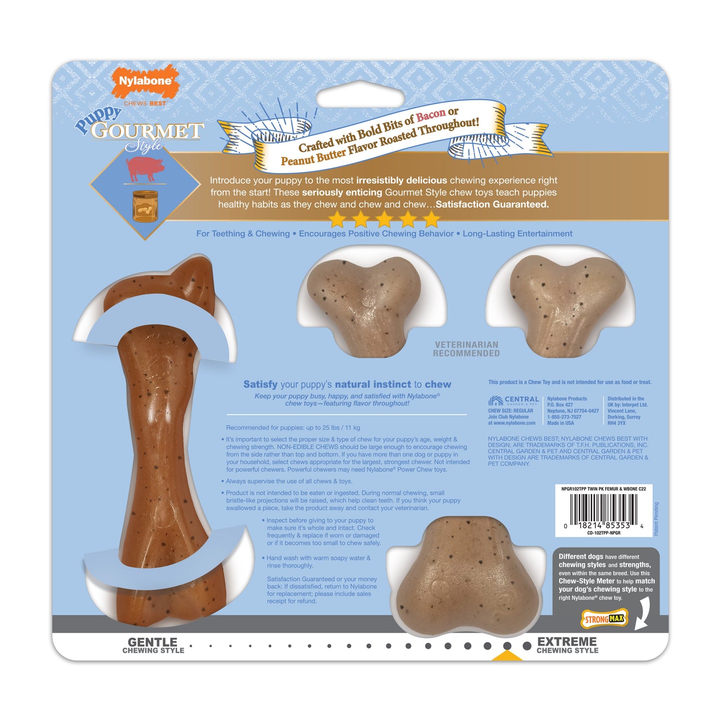 Nylabone Gourmet Style Puppy Chew Toy Twin Pack Bacon, Peanut Butter 1ea/SMall/Regular - Up To 25 Ibs.