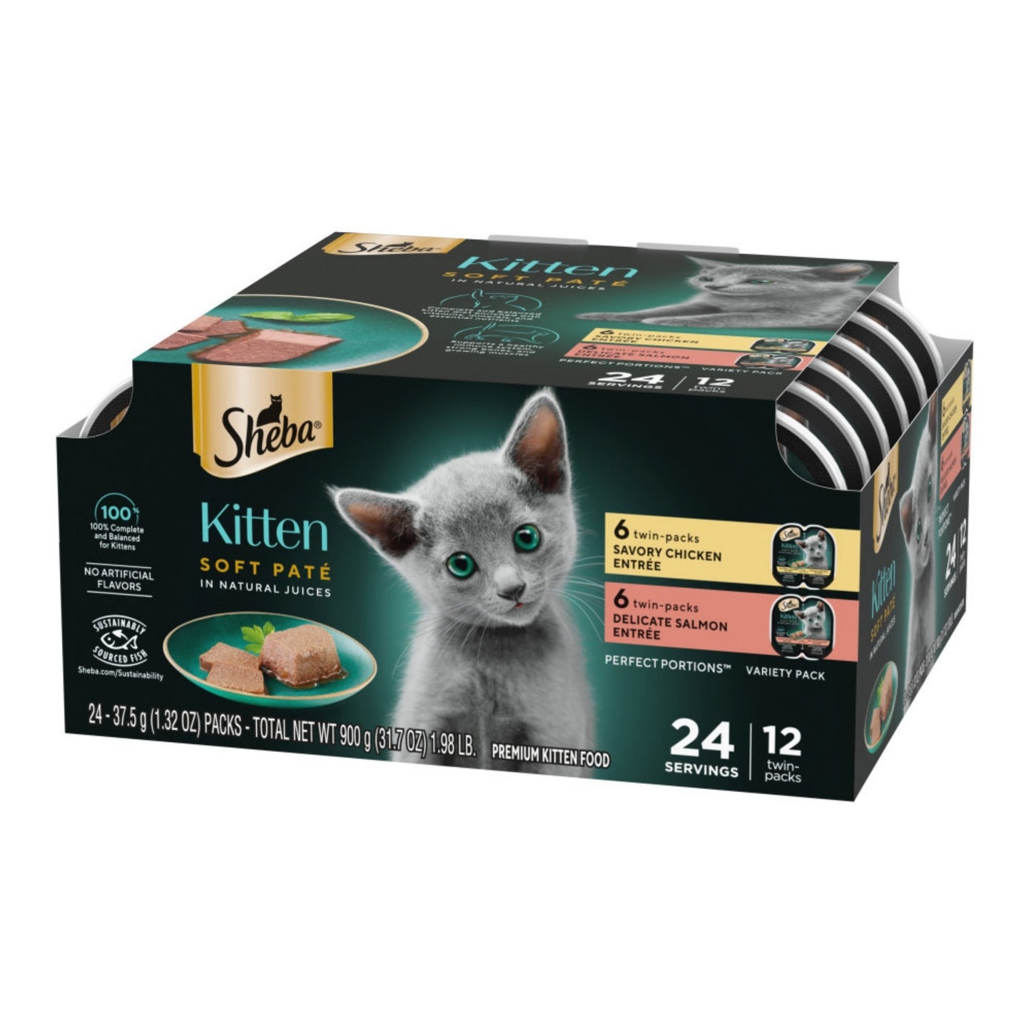 Sheba Perfect Portions Soft Pate Wet Kitten Food Variety Pack (Chicken, Salmon), 2ea/2.65oz.