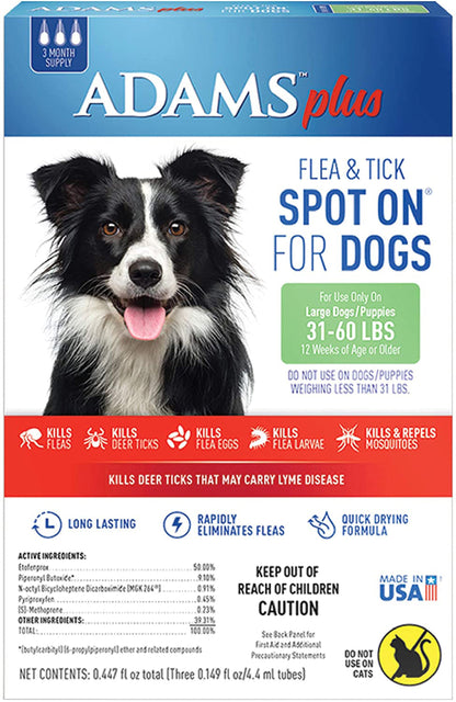 Adams Plus Flea & Tick Prevention Spot On for Dogs 3 Month Supply Clear 1ea/Large Dogs 31 To 60 lb