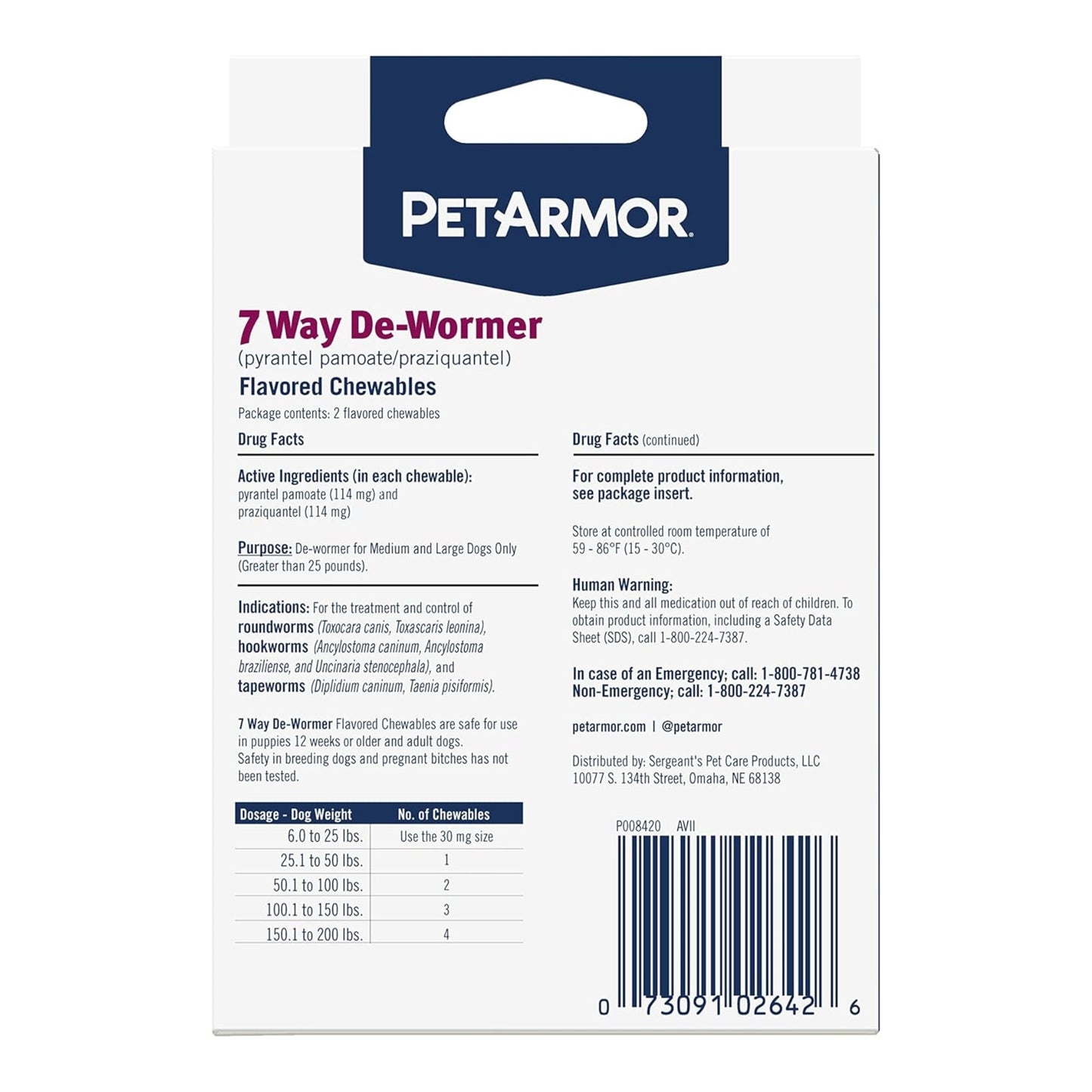 Petarmor 7 Way De-Wormer Chewable Dog 25-200 Lb-2 count