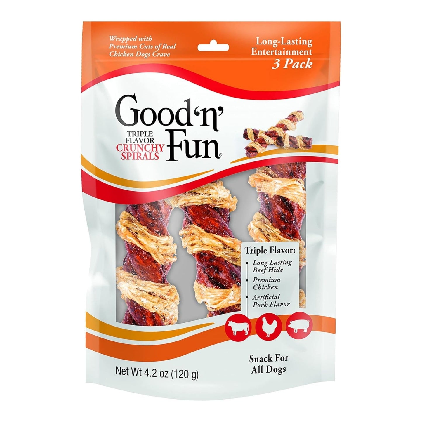 Good 'N' Fun Triple Flavor Crunchy Spirals Pork/Beef/Chicken 3Pack