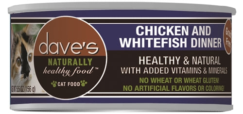 Daves Naturally Healthy Cat Food; Chicken and White Fish Dinner 5.5oz. (Case of 24)