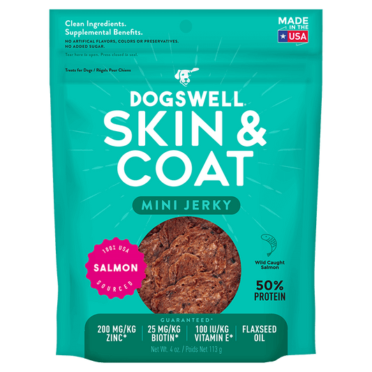 Dogswell Jerky Skin and Coat Mini Grain-Free Salmon 4oz.