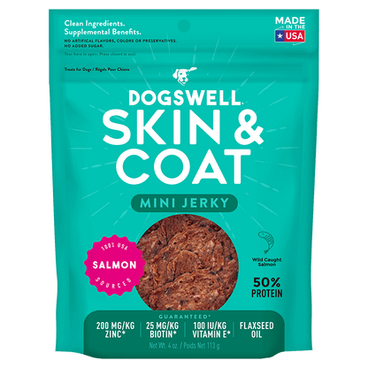 Dogswell Jerky Skin and Coat Mini Grain-Free Salmon 4oz.