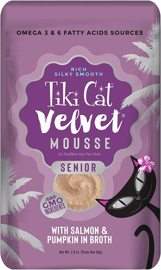 Tiki Pets Cat Velvet Senior Mousse with Salmon and Pumpkin in Broth 2.4oz. (Case of 12)