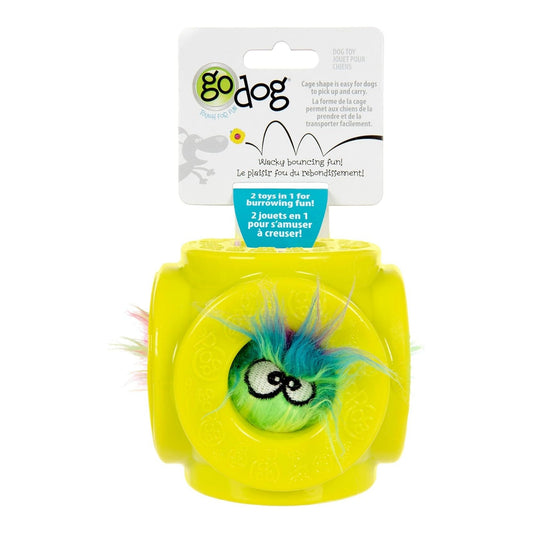 Godog Cage Ball 2-In-1 Burrow Bouncer Dog Toy Lime/Rainbow Medium