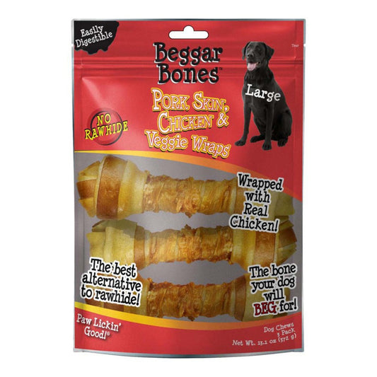 Savory Prime Beggar Bones Pork Skin, Chicken & Veggie Wraps Dog Treats 1ea/LG, 3 pk