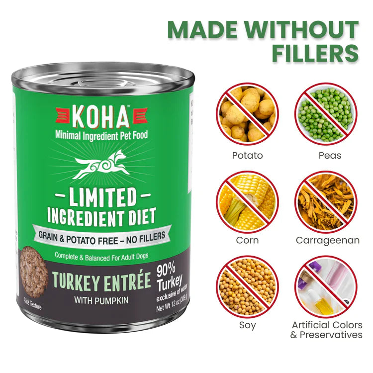 Koha Dog Limited Ingredient Grain Free 90% Turkey 13oz. (Case of 12)