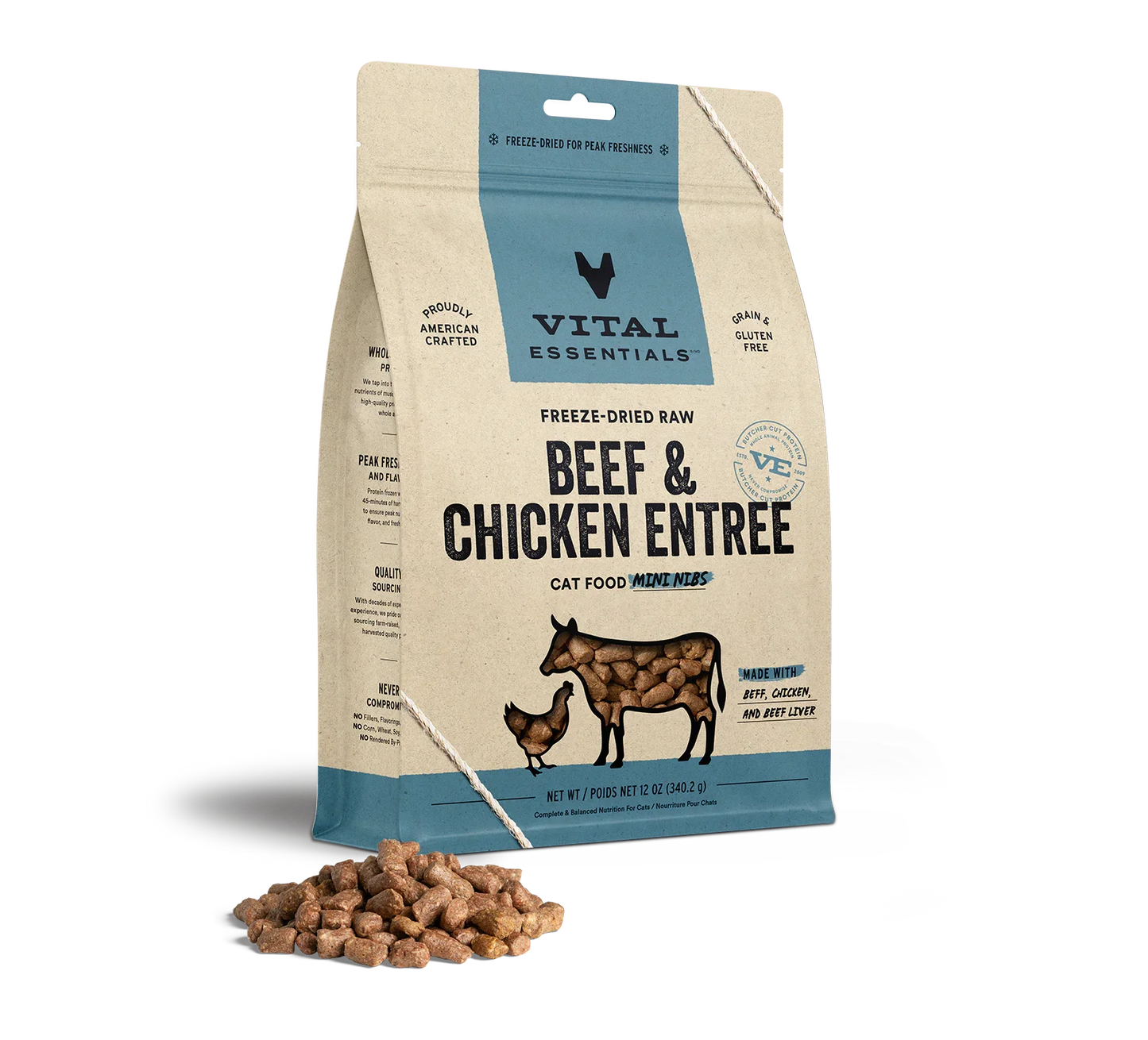 Vital Essentials Cat Freeze Dried Mini Nibs Beef Chicken 12oz.