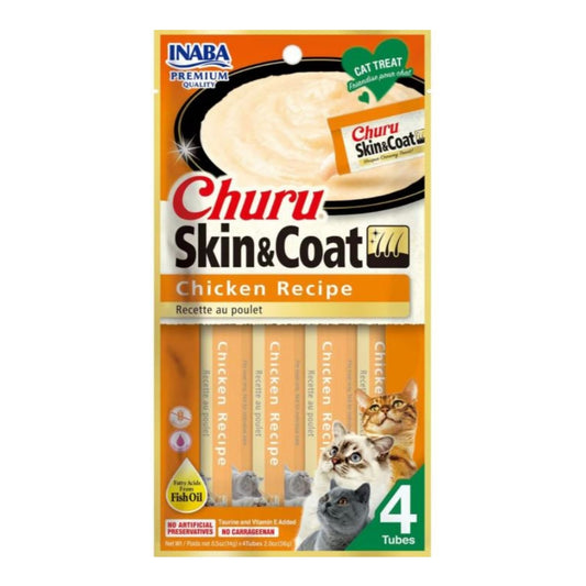 Inaba Churu Puree Skin & Coat Cat Treats Chicken .5oz.-4 Pk (Case of 6)