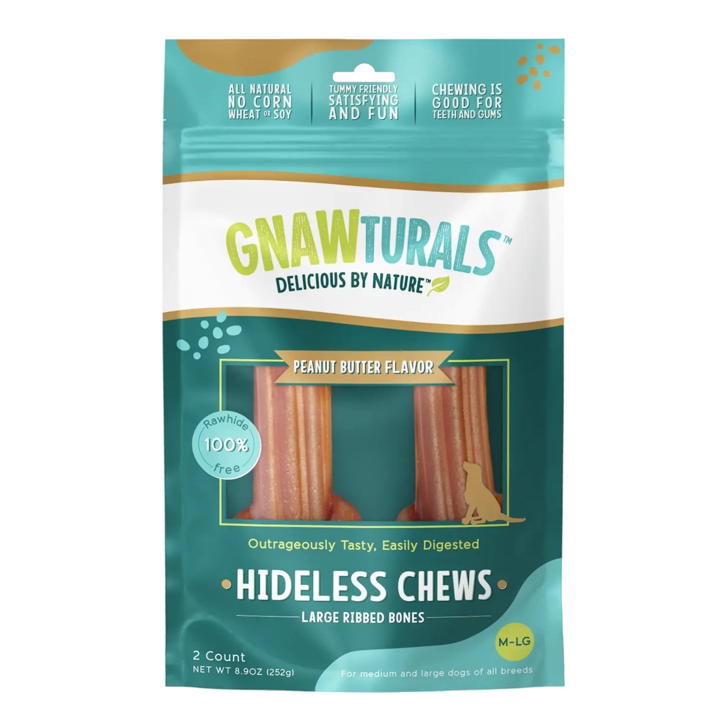 Gnawturals Hideless Chews Ribbed Bone Peanut Butter Large 2 Count